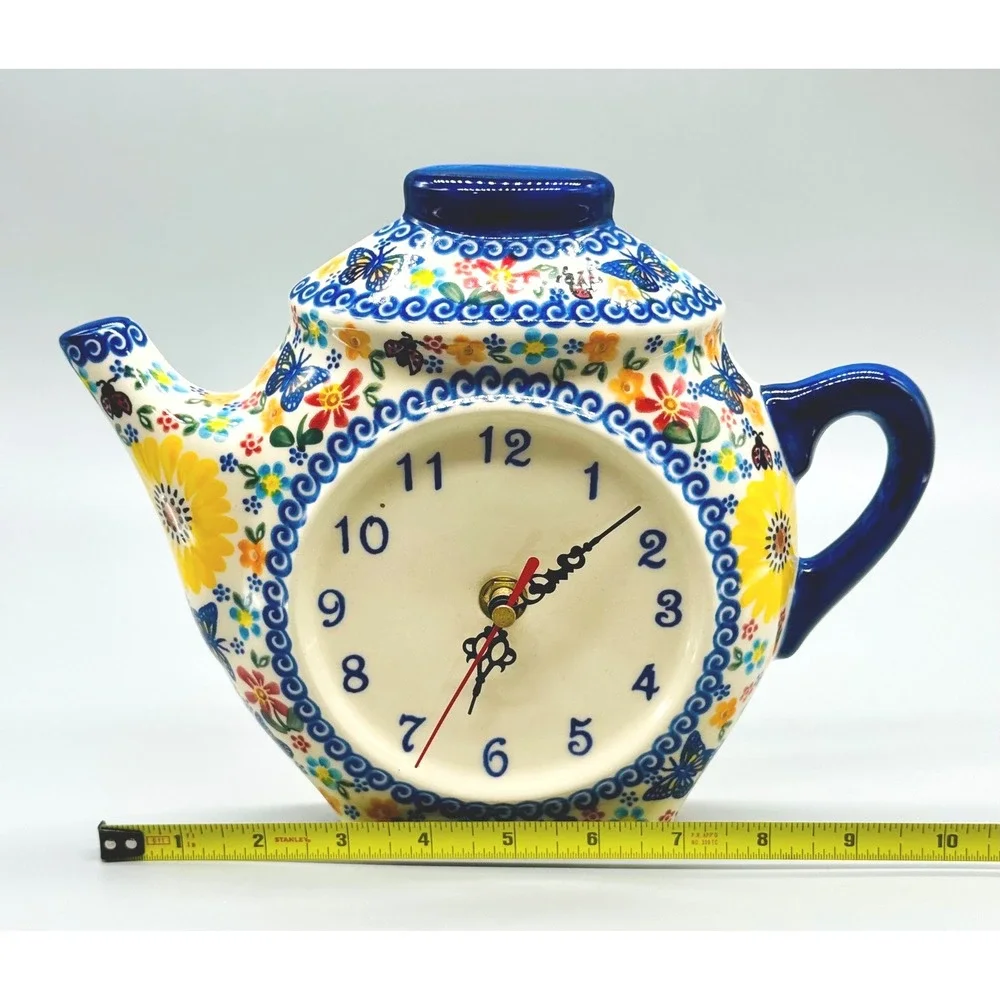 Polish Pottery Teapot Kettle Wall Mantle Clock Floral Butterfly Alla Volta